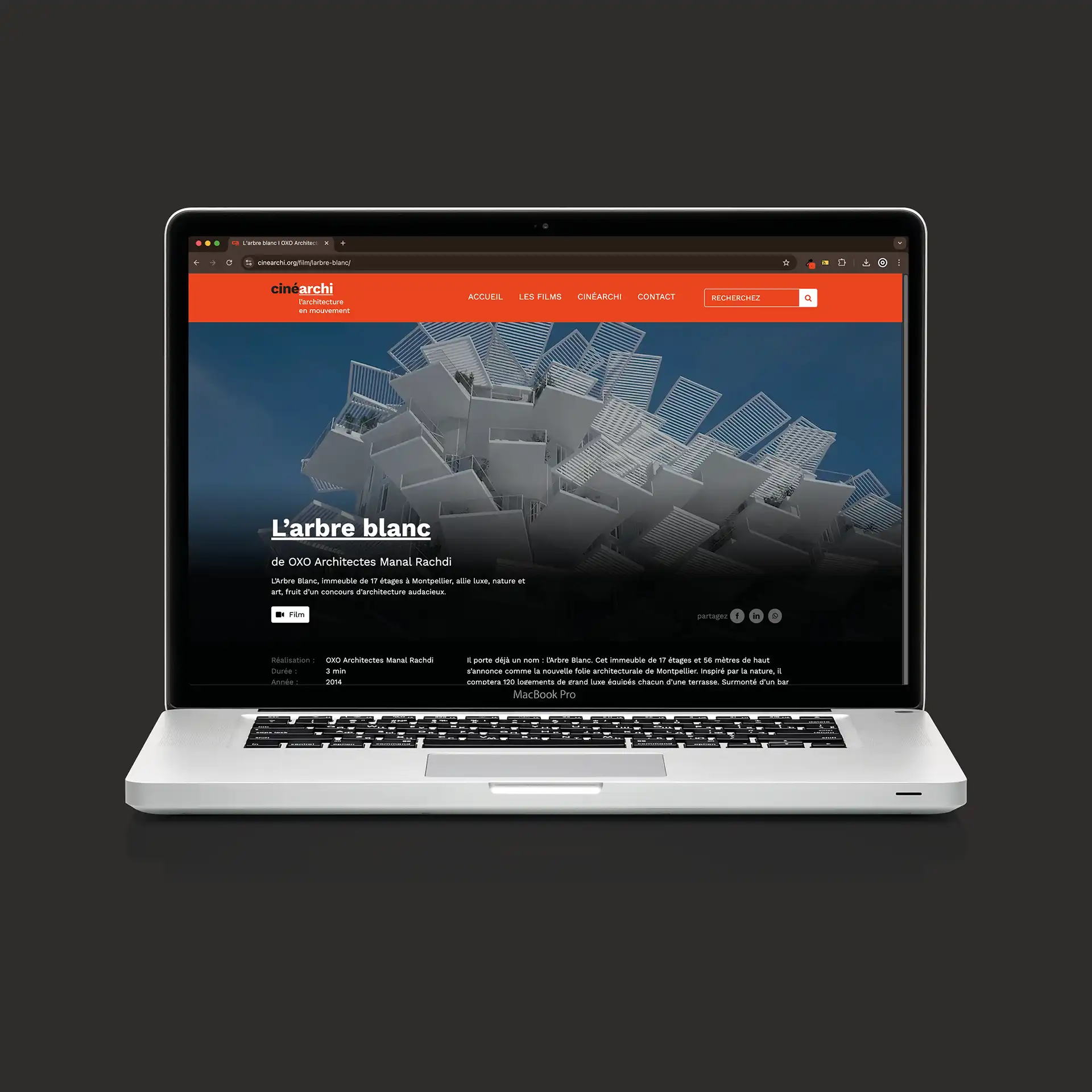 Site CineArchi affiché sur ordinateur portable – refonte WordPress avec design responsive et expérience utilisateur optimisée