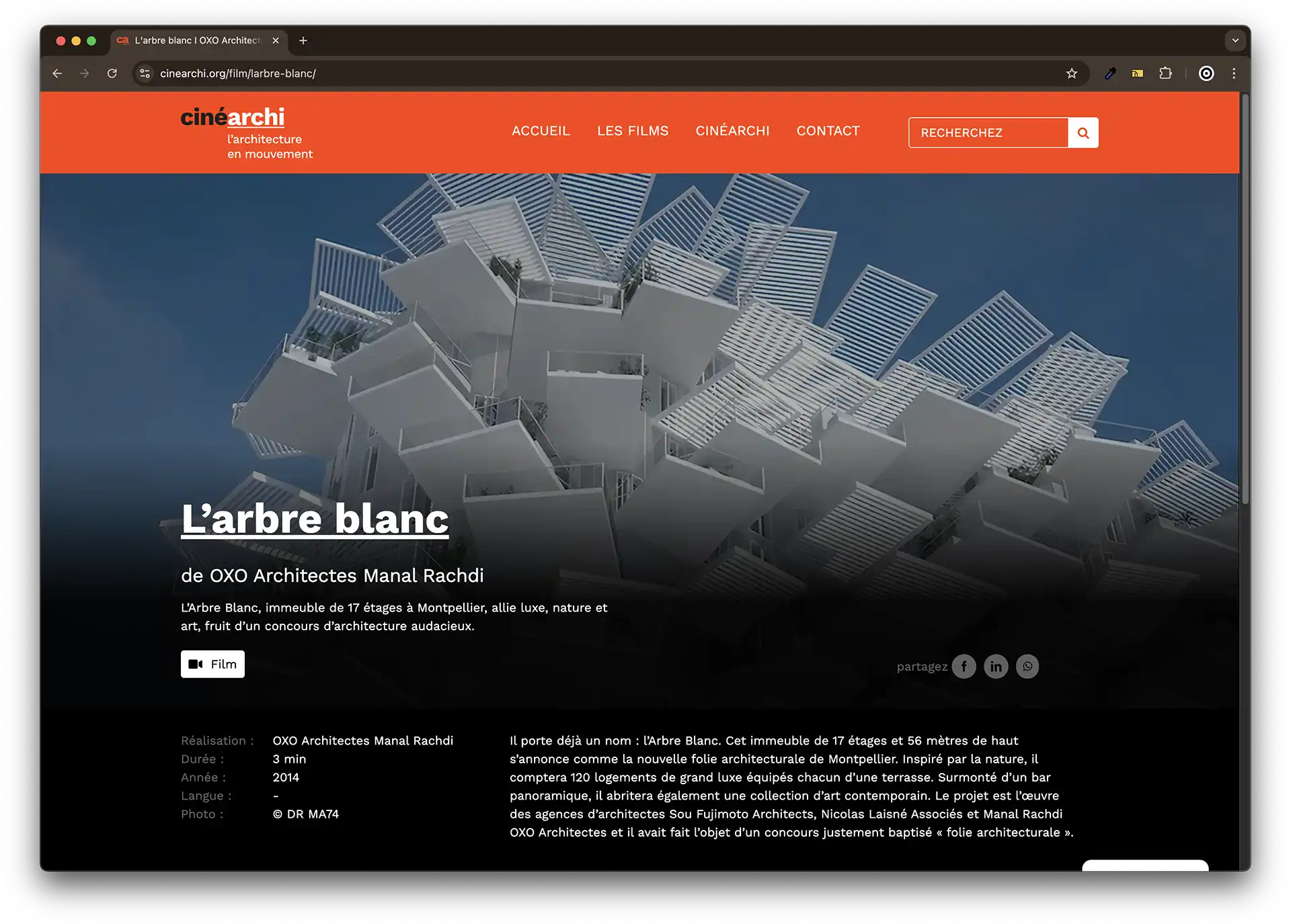 Fiche vidéo sur le site CinéArchi – interface WordPress optimisée avec lecteur intégré et navigation thématique
