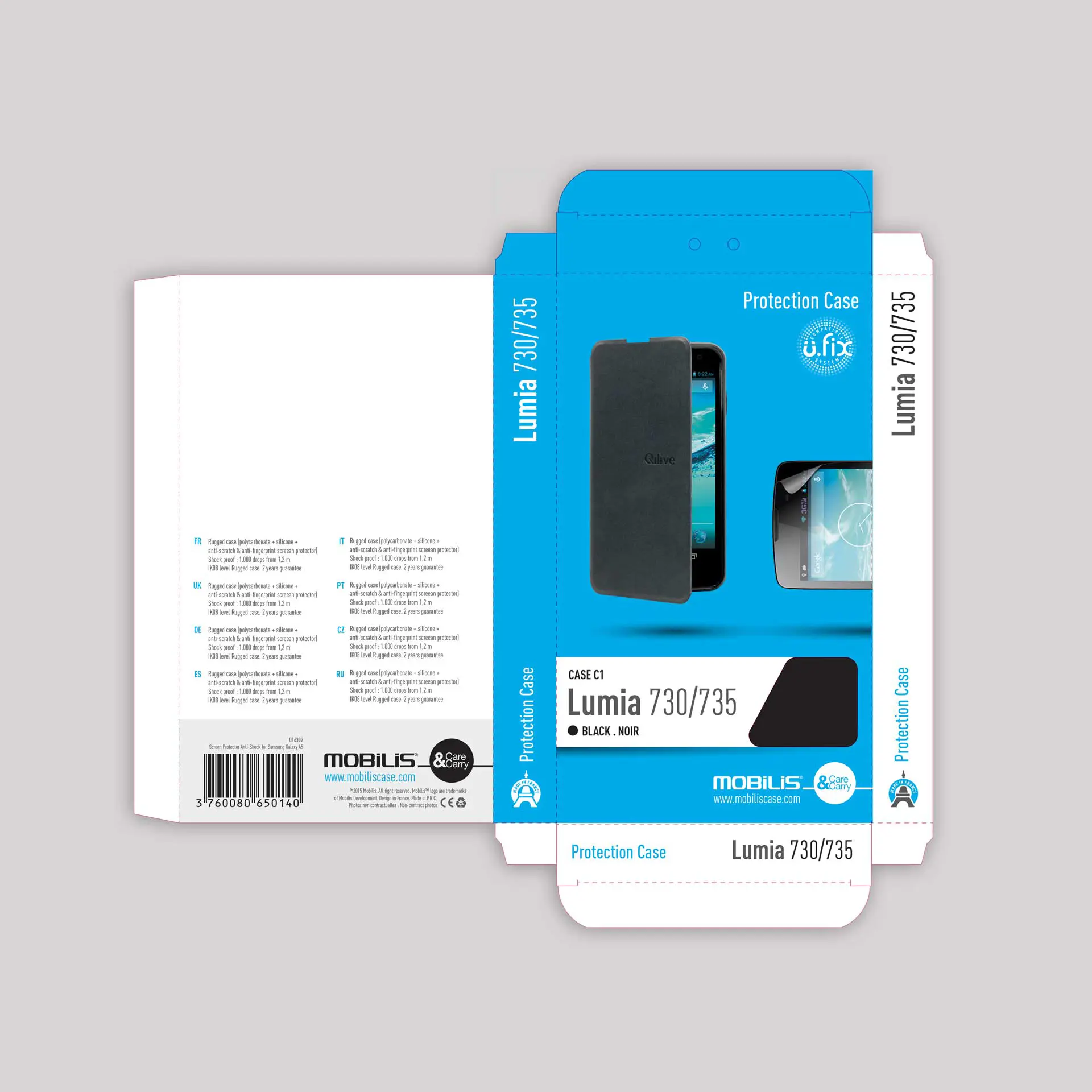 Packaging moderne et épuré conçu par un expert en graphisme à Annecy pour Mobilis Care & Carry