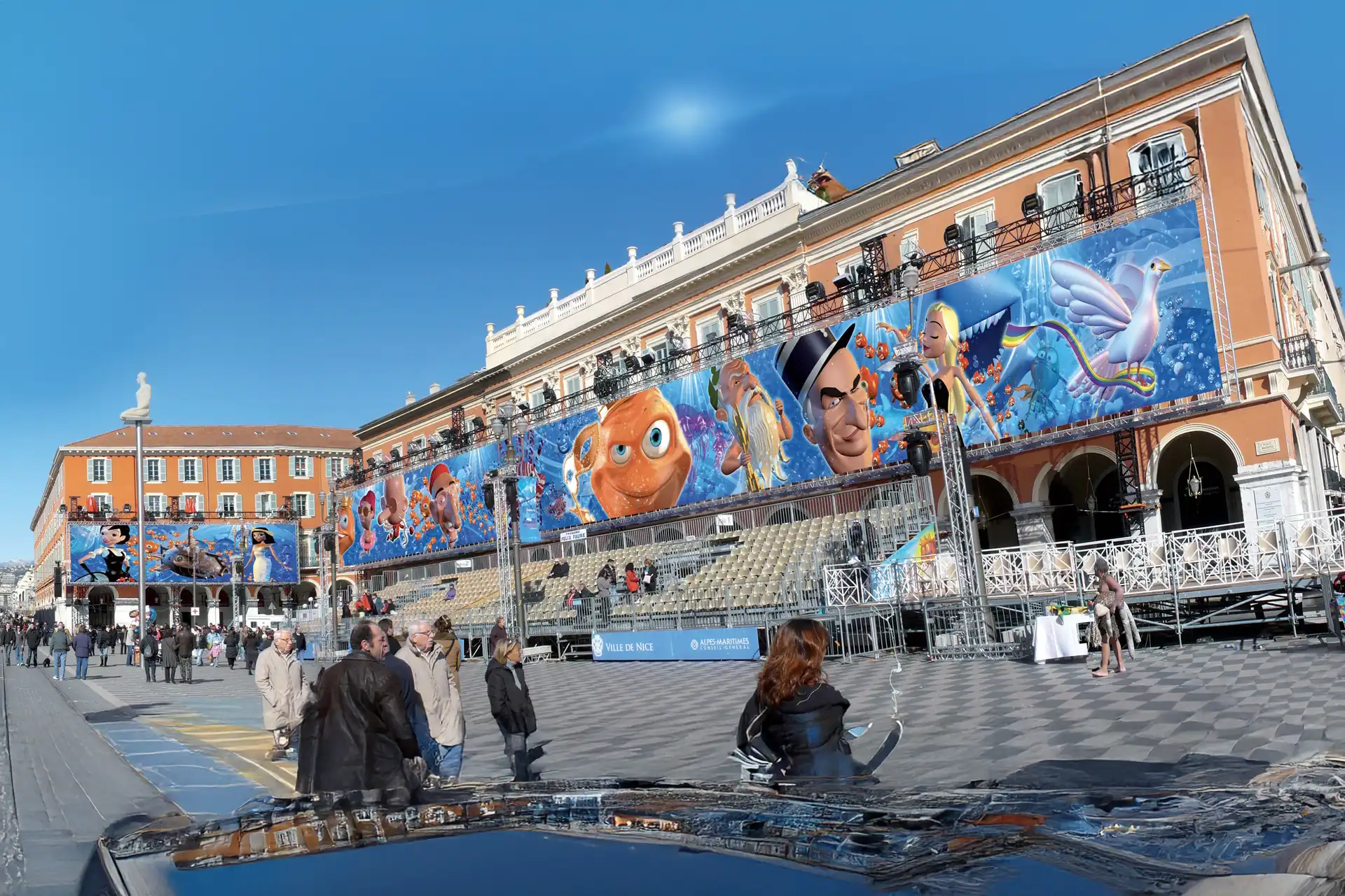 habiilage-facade-place-messena-nice Création des décoration des façades de la Place Massena durant le carnaval de Nice côte d'azur