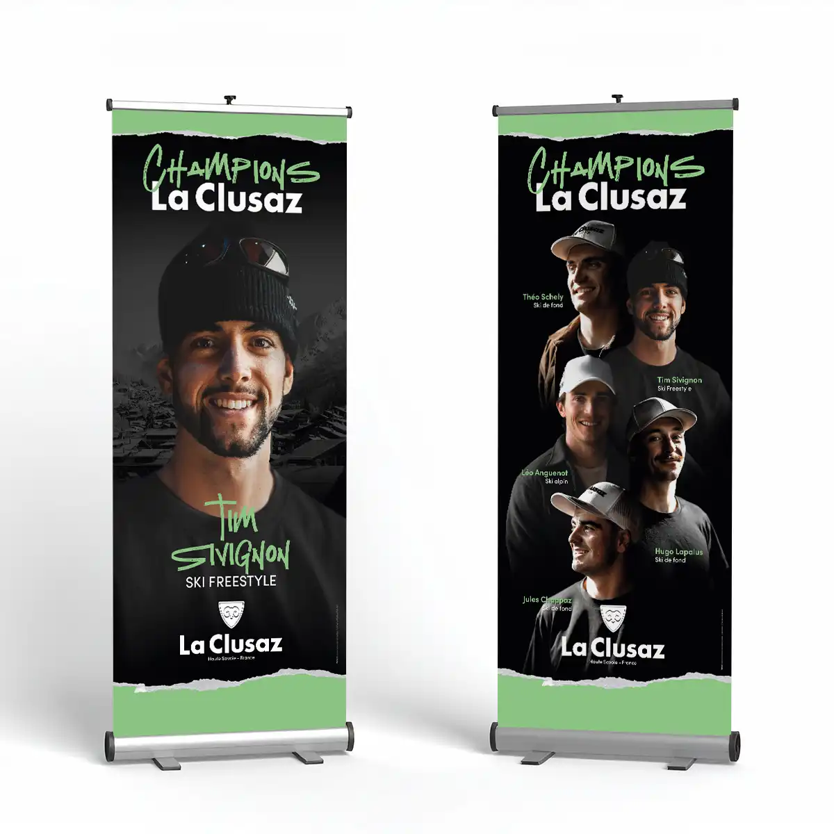 Roll-up « Champions La Clusaz » : portraits d’athlètes de la station (Tim Sivignon et collectif), fond noir et bandeau vert.