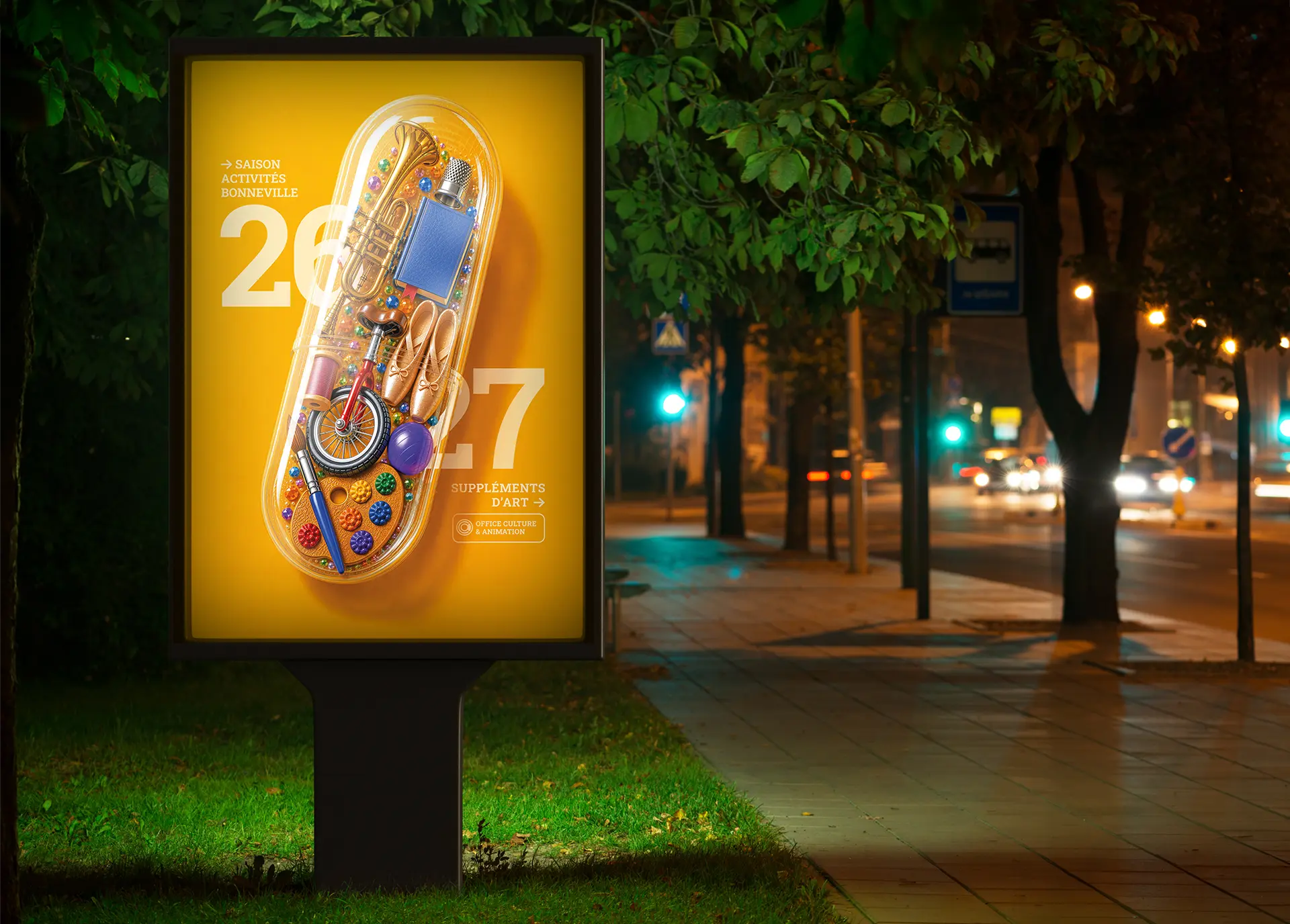 affichage-urbain-campagne-culturelle-oca-bonneville Une campagne culturelle pensée pour l’espace public, où la gélule devient un remède visuel rempli d’activités, d’art et de découvertes.