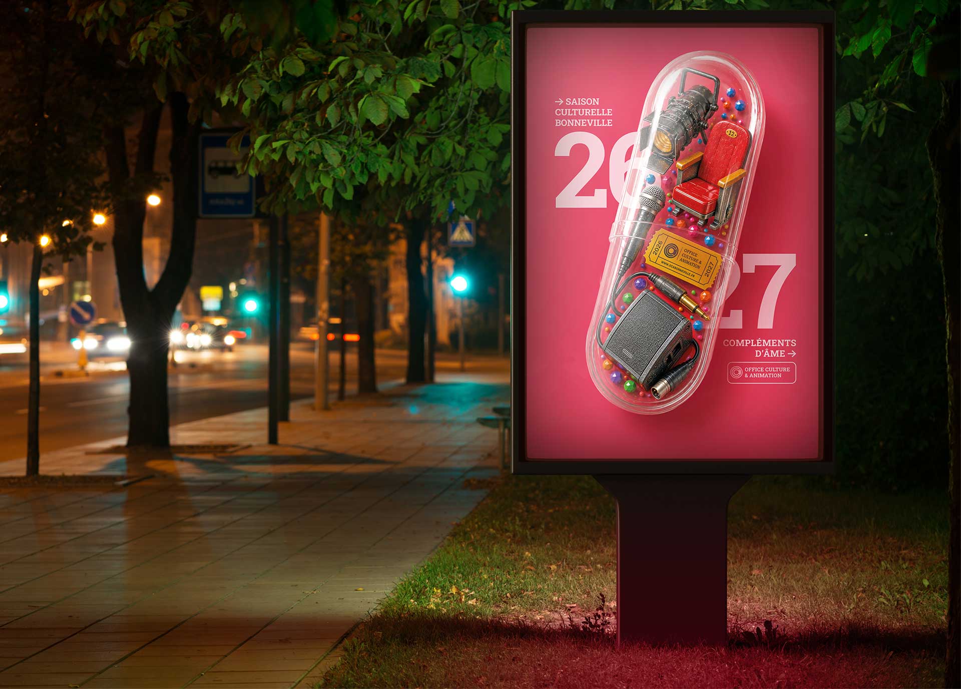 affiche-culturelle-oca-bonneville-mobilier-urbain Une affiche de saison culturelle pensée pour l’espace public, où la gélule devient le symbole d’un traitement culturel essentiel.