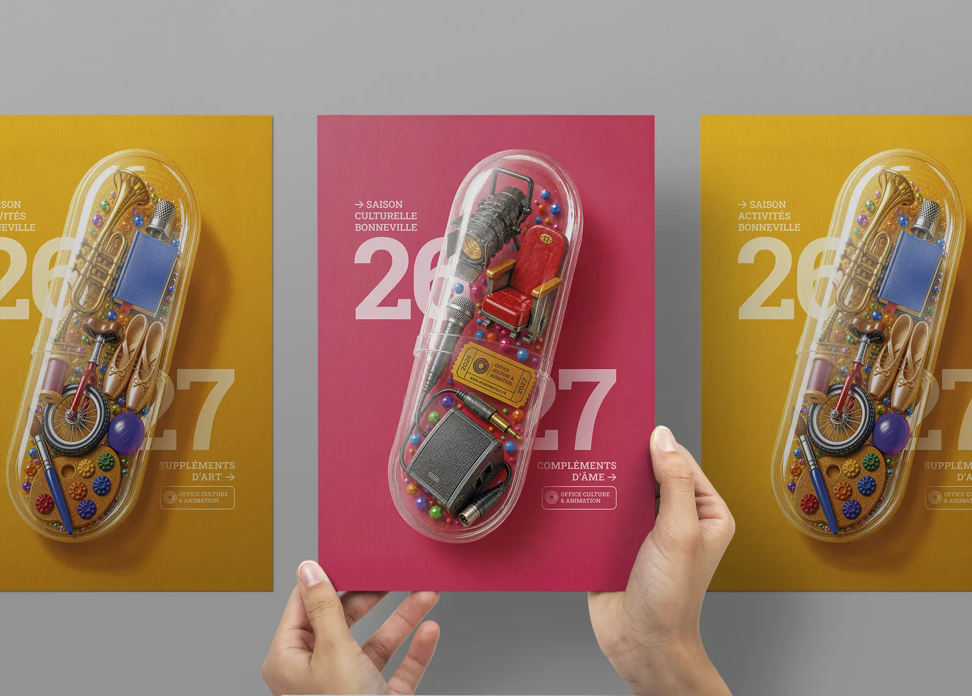 campagne-visuelle-culturelle-oca-bonneville-supports-imprimes Créer avec l’IA, sans laisser l’image penser à notre place : une campagne visuelle pour l’OCA Bonneville, conçue autour d’une gélule culturelle comme métaphore du soin par la culture.