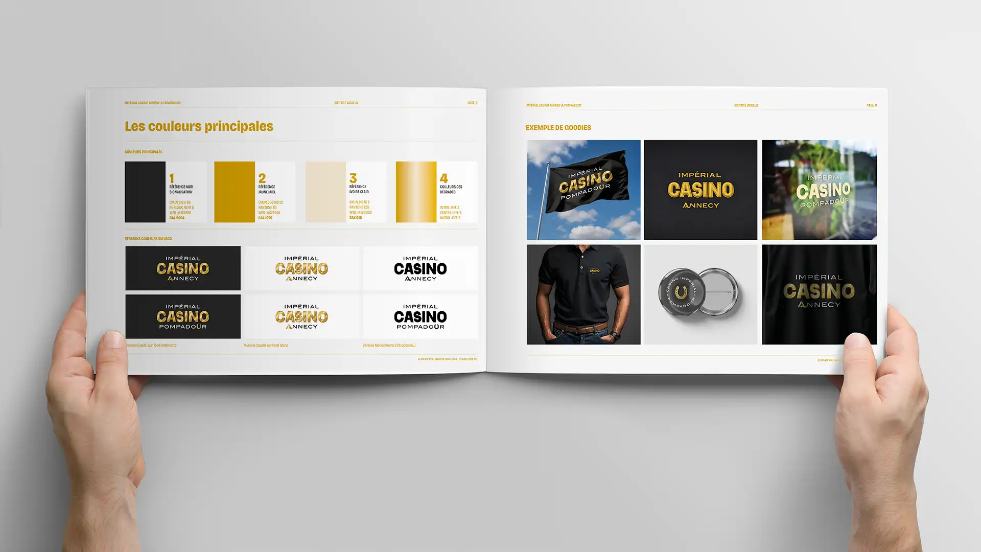 Présentation de la charte graphique des Casinos Impérial Annecy et Pompadour, incluant couleurs principales, déclinaisons du logo et supports de communication